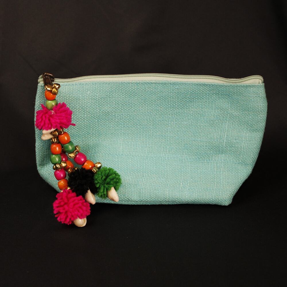 Shiraleah Chicago Cosmetic Makeup Bag Clutch Teal Canvas Multicolor Tassel Fun